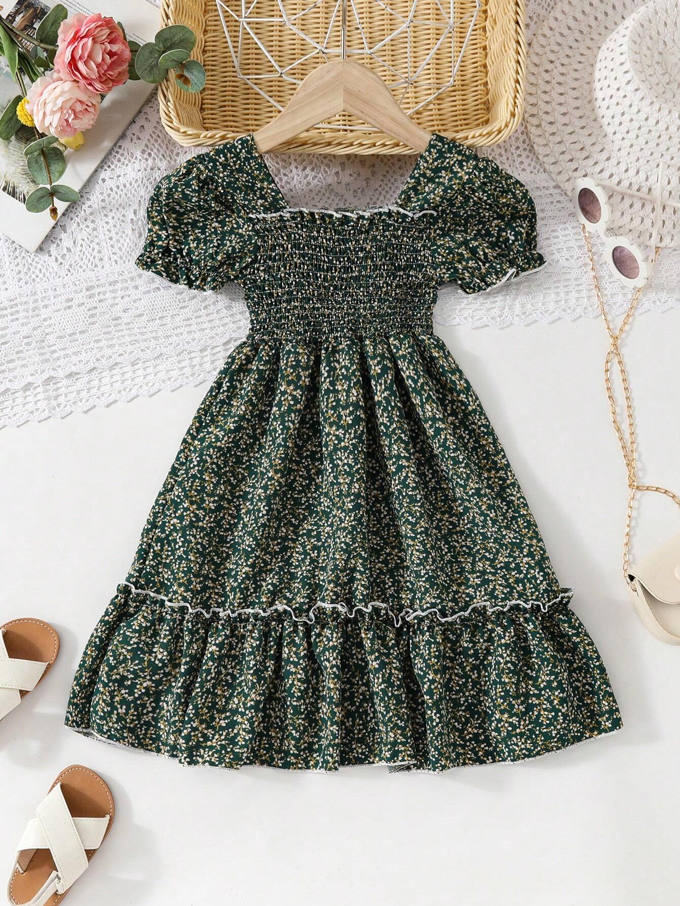 Glamgait  Mehndi Green Floral Printed Short Sleeve A-Line Baby Dress