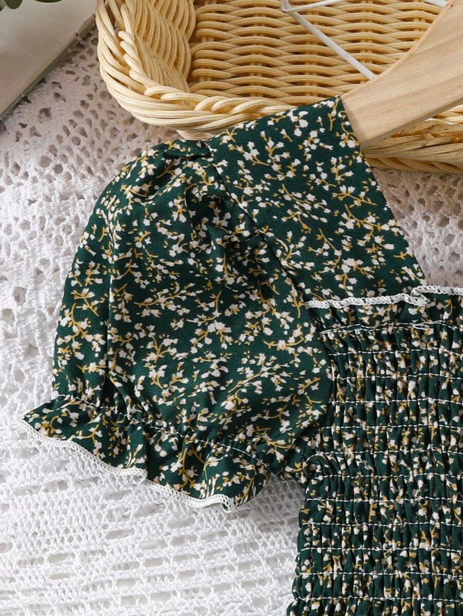 Glamgait  Mehndi Green Floral Printed Short Sleeve A-Line Baby Dress