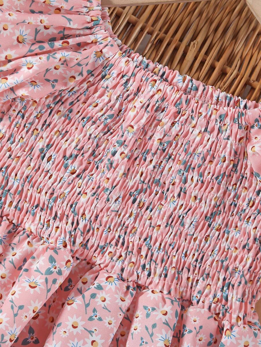 Glamgait Pink Color Flower Printed Short Sleeve Midi Girls Dress