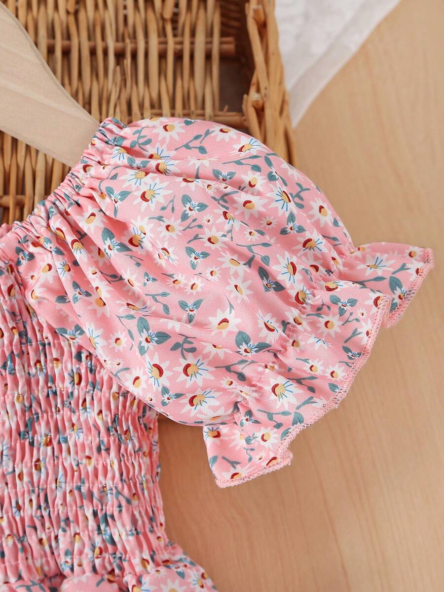 Glamgait Pink Color Flower Printed Short Sleeve Midi Girls Dress