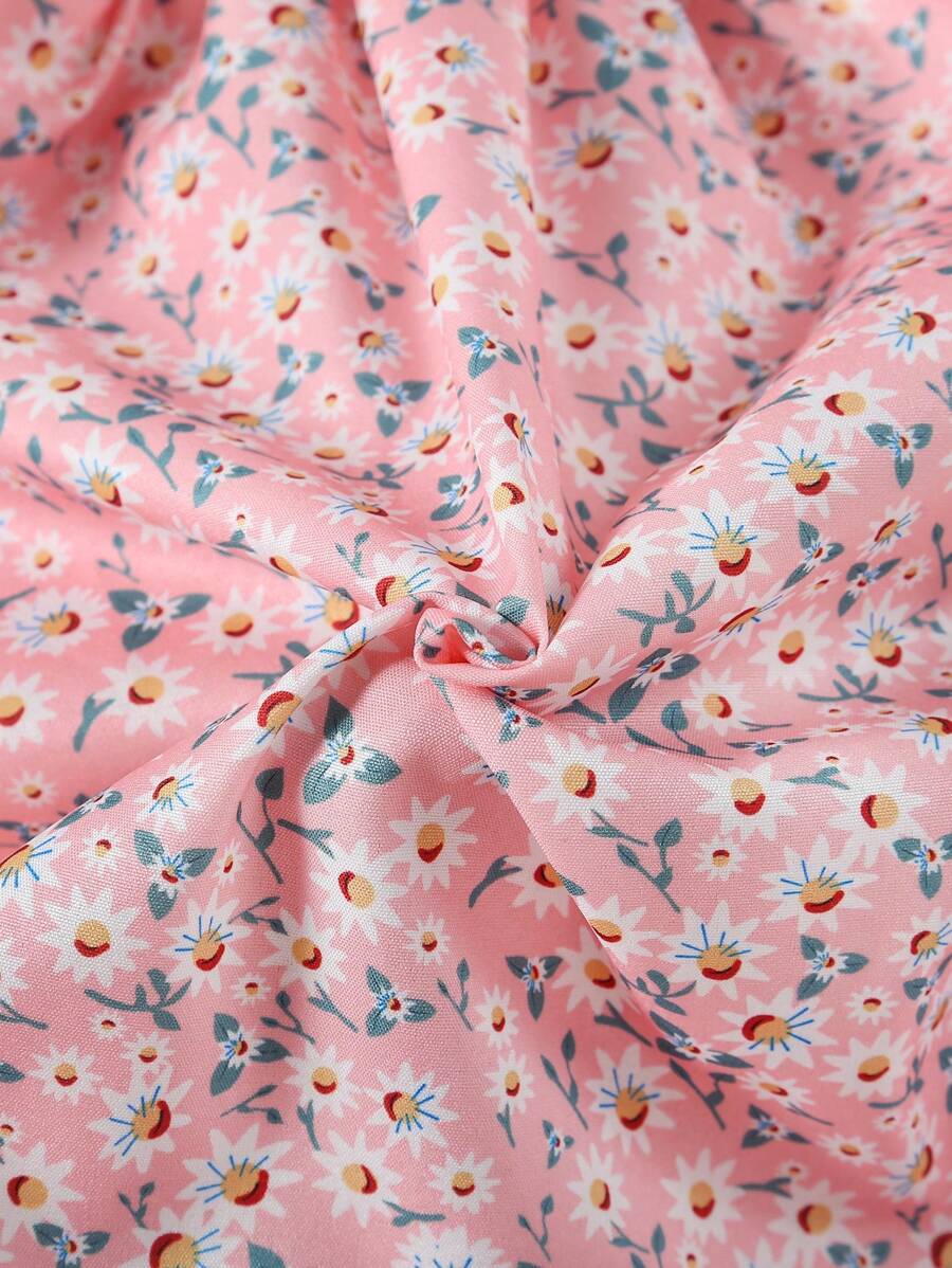 Glamgait Pink Color Flower Printed Short Sleeve Midi Girls Dress