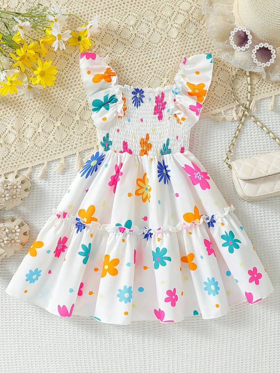 Girls White Floral Print Ruffle Sleeve Party Dress