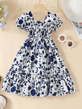 Glamgait Navy Blue Floral Printed Short Sleeve Midi Kids Dress