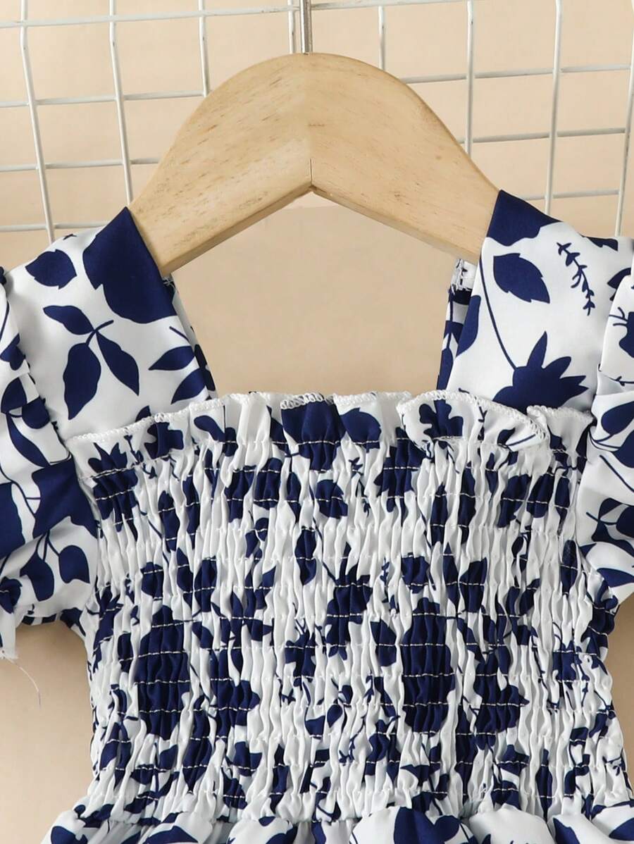 Glamgait Navy Blue Floral Printed Short Sleeve Midi Kids Dress