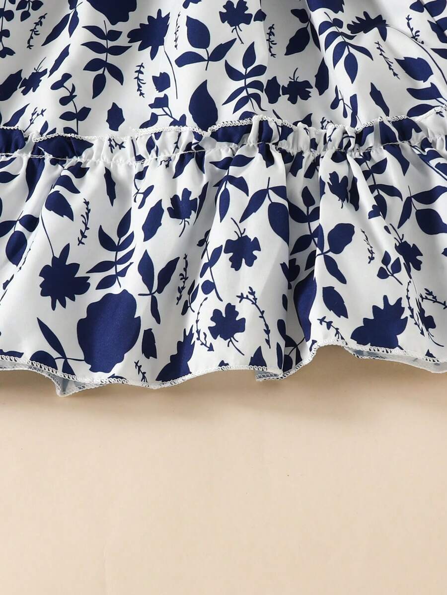 Glamgait Navy Blue Floral Printed Short Sleeve Midi Kids Dress