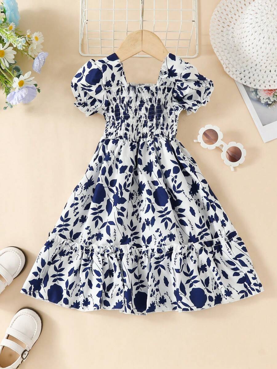 Glamgait Navy Blue Floral Printed Short Sleeve Midi Kids Dress