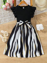 Girls Black Ruffle Sleeve Top with Striped Skirt