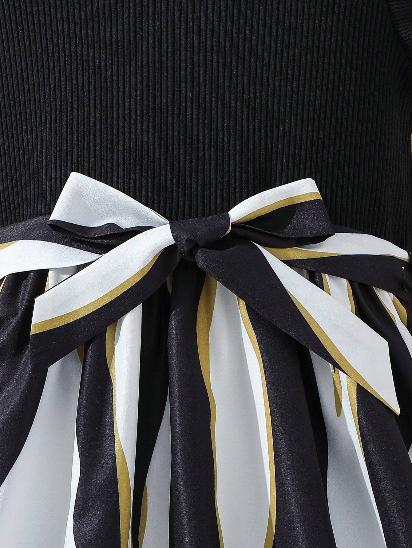 Girls Black Ruffle Sleeve Top with Striped Skirt