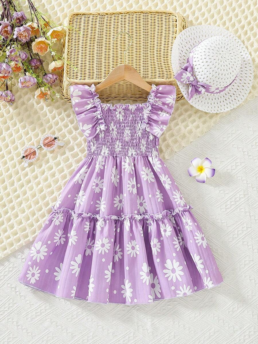 Girls Lavender Daisy Print Ruffle Sleeve Party Dress