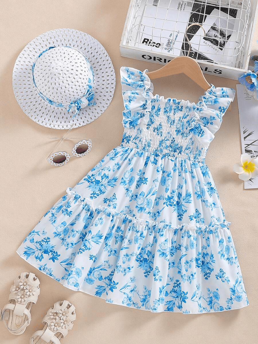 Glamgait White Floral Printed Flared Sleeve Girls Dress
