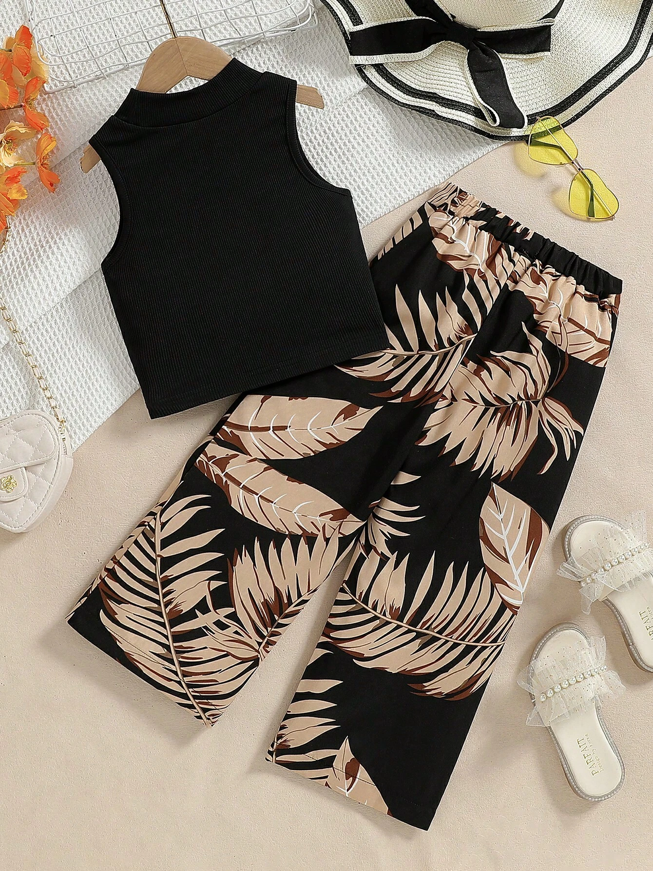 Girls Black Top With Printed Pant Set