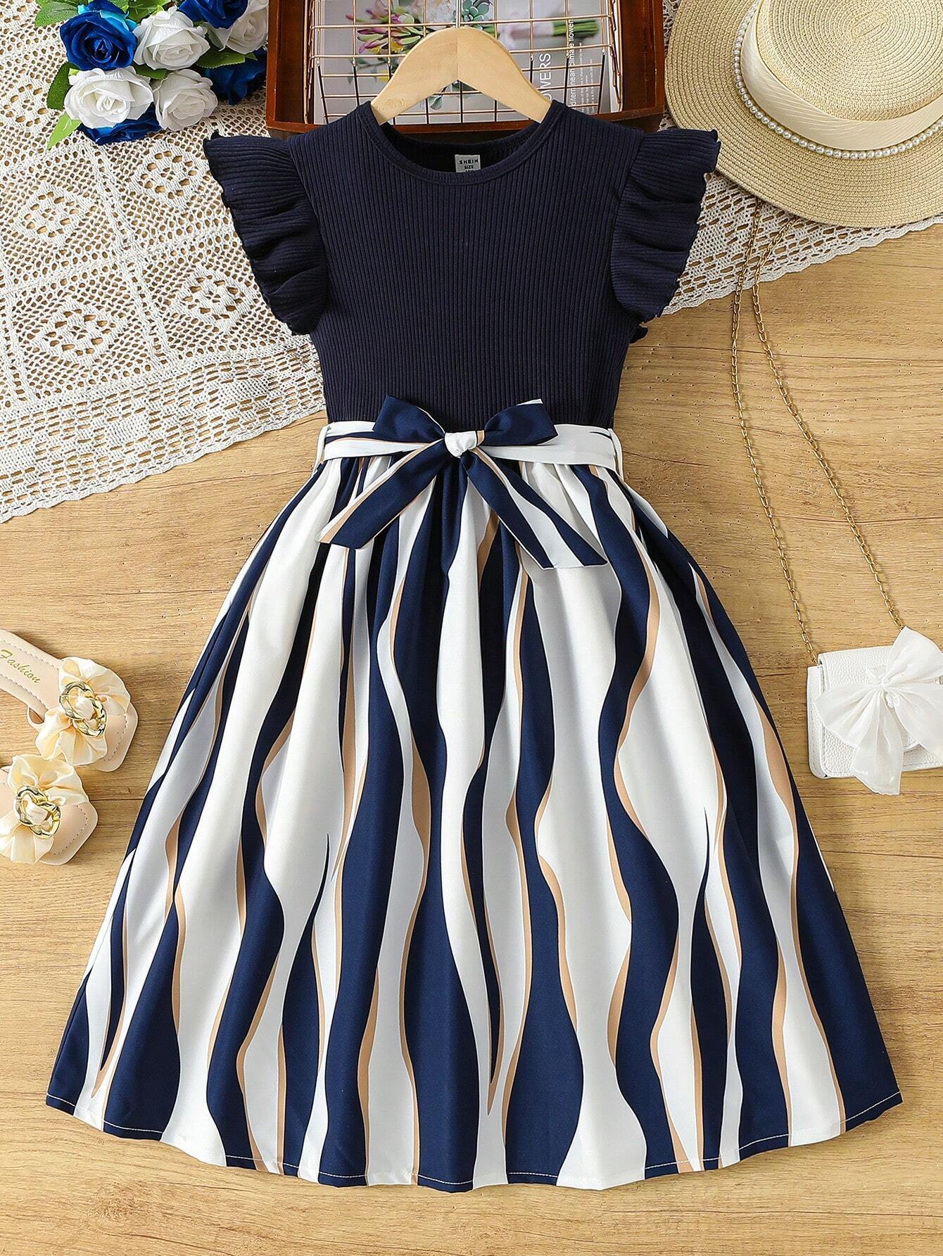 Girls Navy Blue Party Wear Dress with Printed Flared Skirt