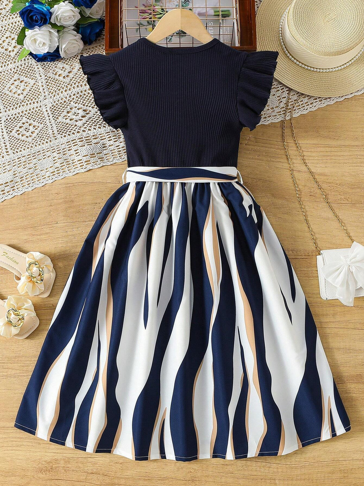 Girls Navy Blue Party Wear Dress with Printed Flared Skirt