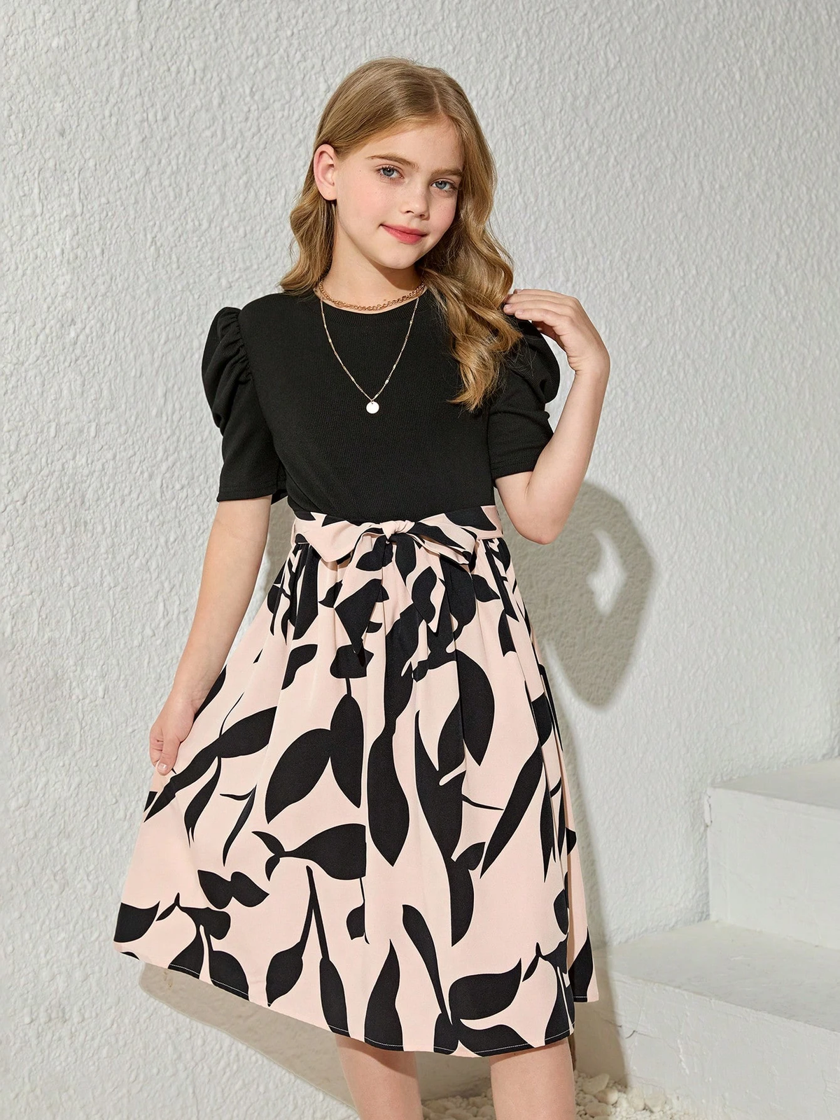Girls Elegant Black & Beige Floral Print Midi Dress with Puff Sleeves Party Dress