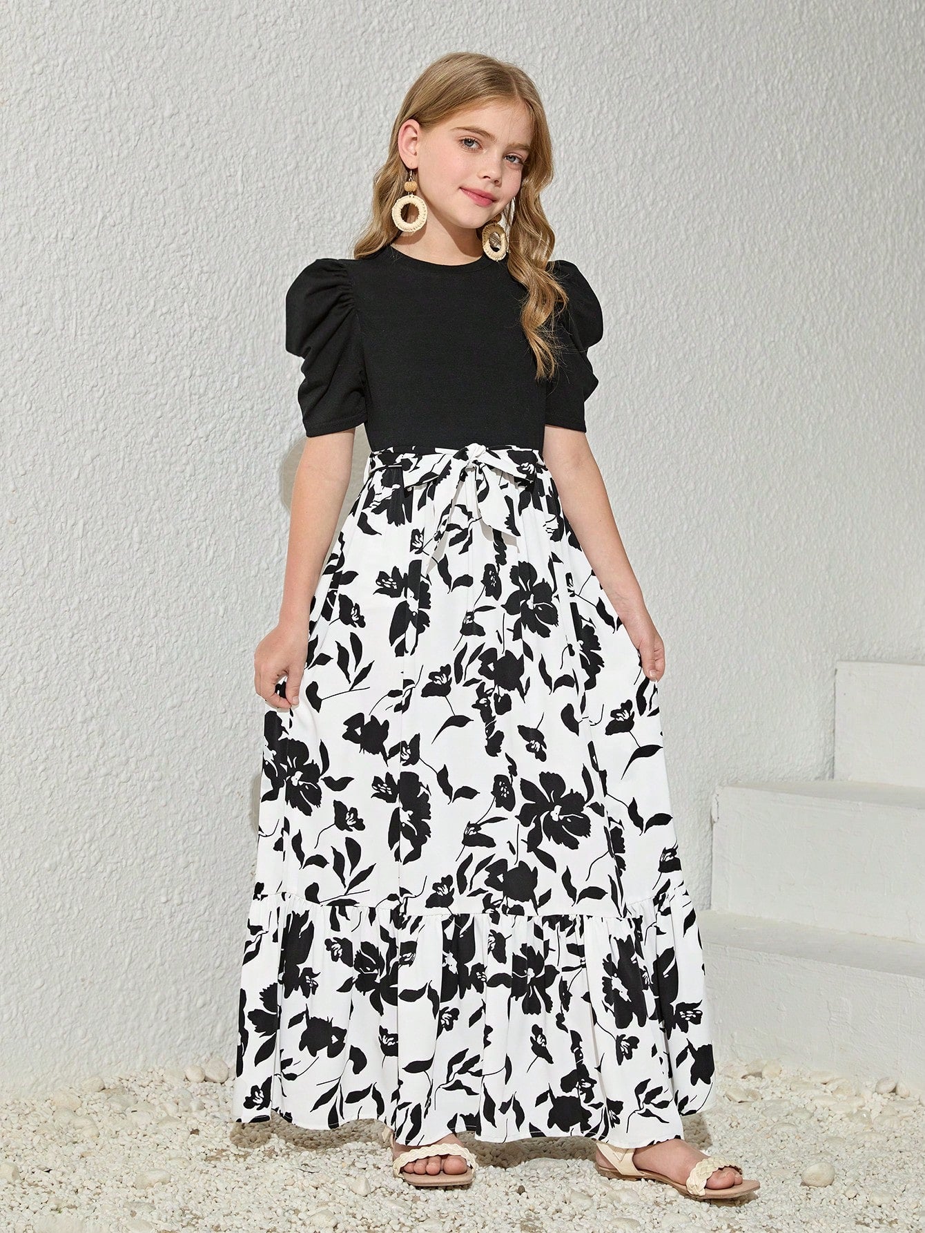 Girls Black Puff Sleeve Top with White Floral Maxi Dress