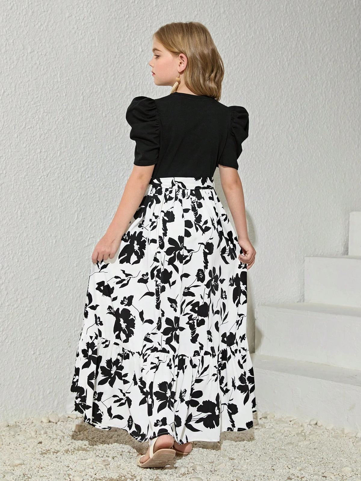 Girls Black Puff Sleeve Top with White Floral Maxi Dress