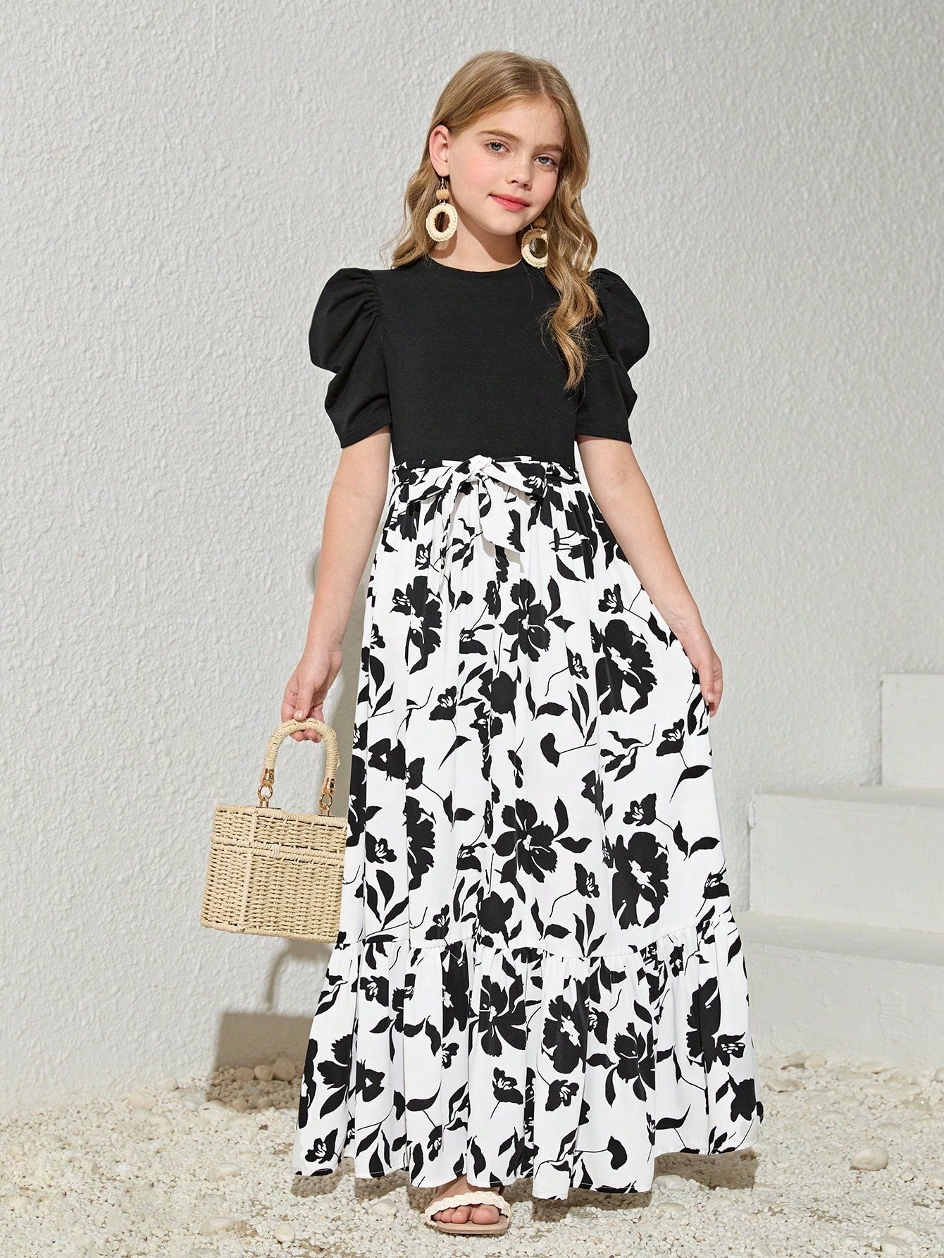 Girls Black Puff Sleeve Top with White Floral Maxi Dress