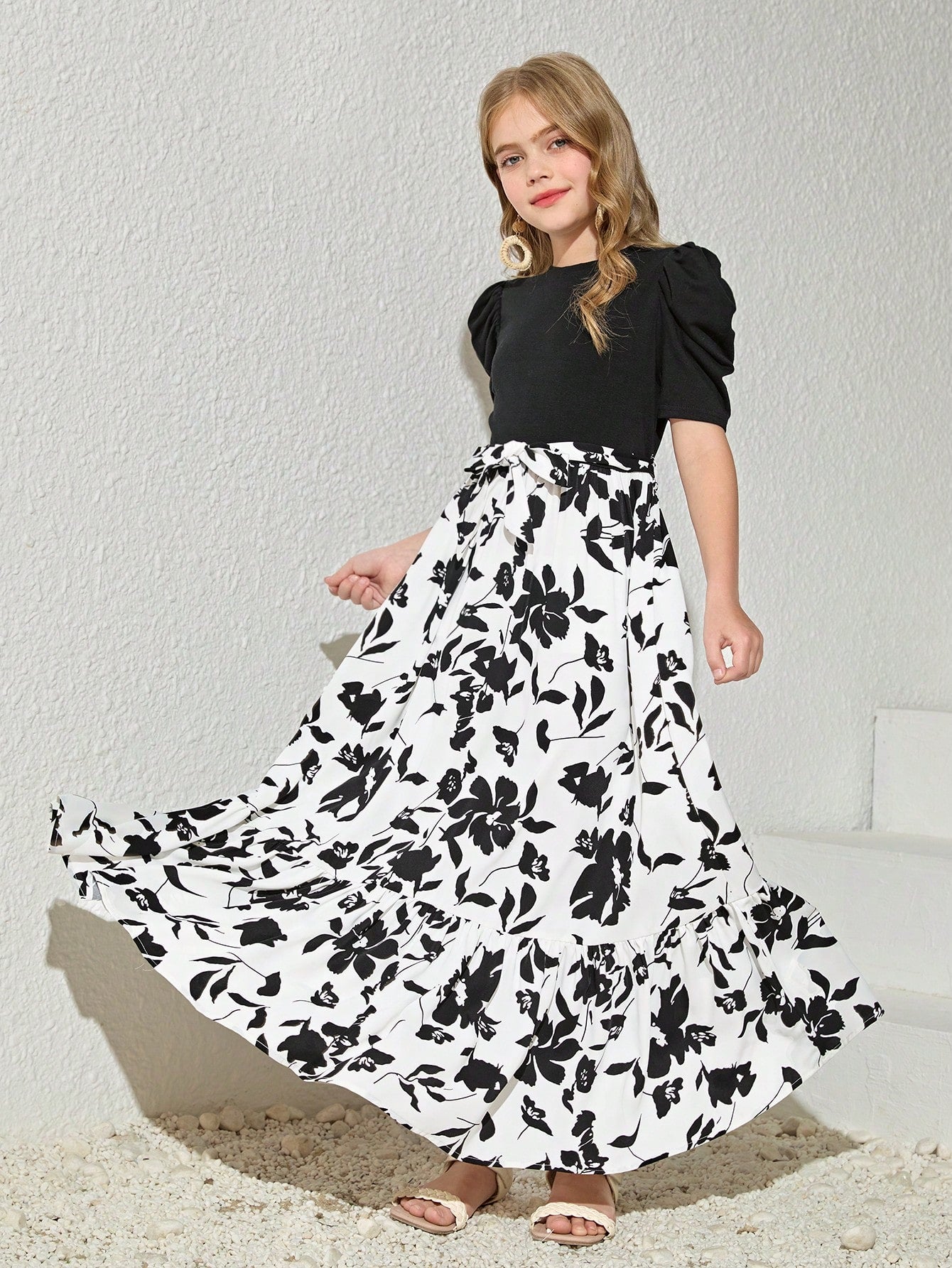 Girls Black Puff Sleeve Top with White Floral Maxi Dress