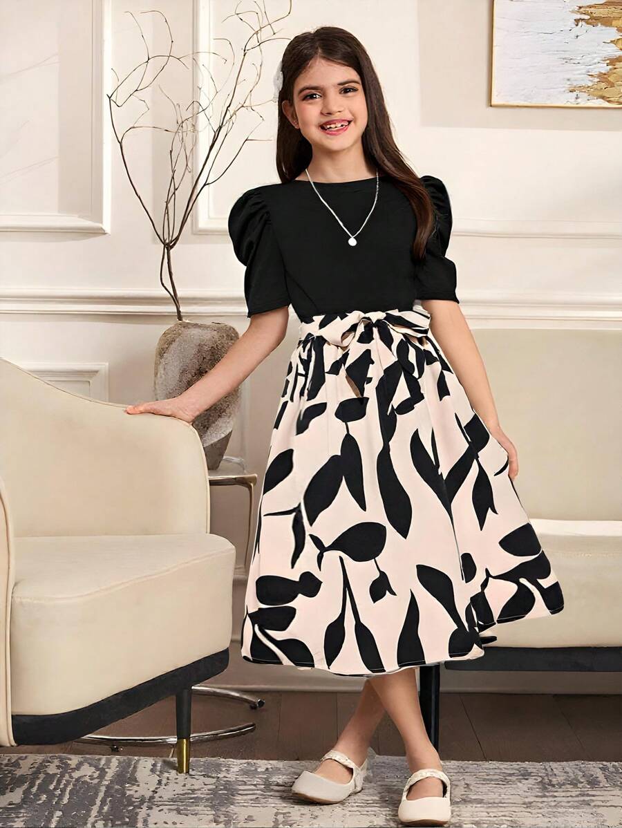 Girls Elegant Black & Beige Floral Print Midi Dress with Puff Sleeves Party Dress