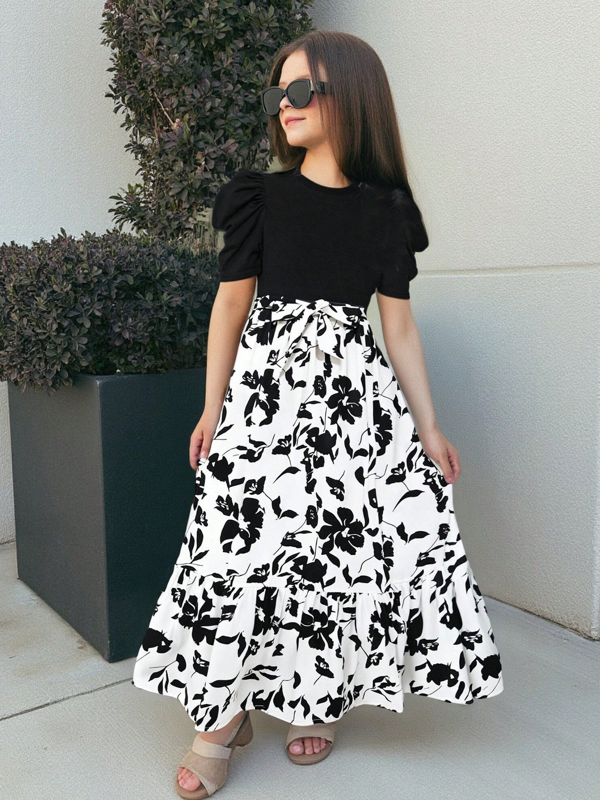 Girls Black Puff Sleeve Top with White Floral Maxi Dress