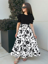 Girls Black Puff Sleeve Top with White Floral Maxi Dress