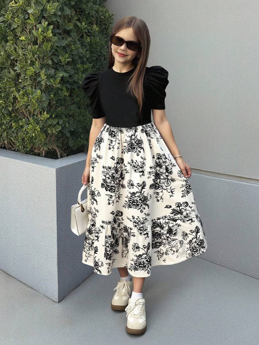 Girls Black Puff Sleeve Top with White Floral Print Midi Dress