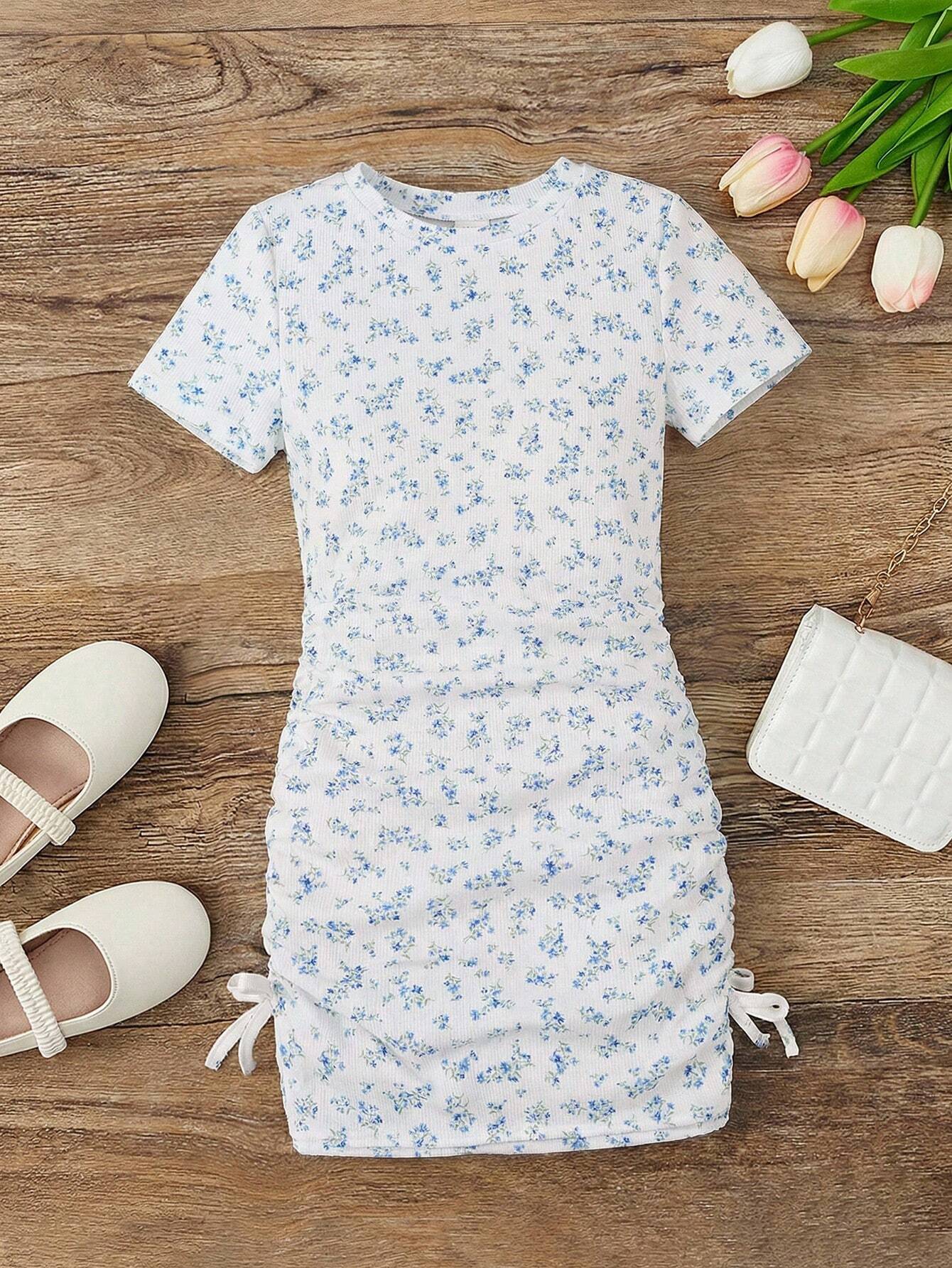 Blue Floral Ruched Girls Bodycon Dress