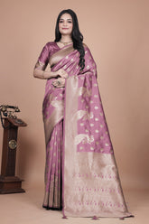 Classic Purple Banarasi Silk Saree with Gold Zari and Peacock Motif for Festive Wear