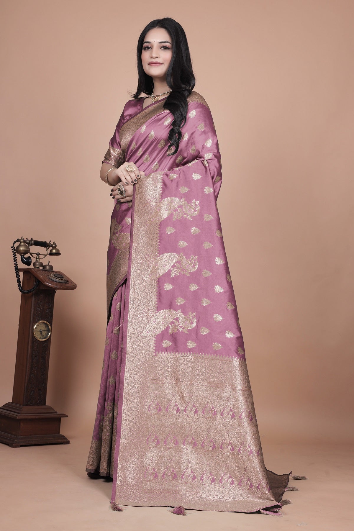 Classic Purple Banarasi Silk Saree with Gold Zari and Peacock Motif for Festive Wear