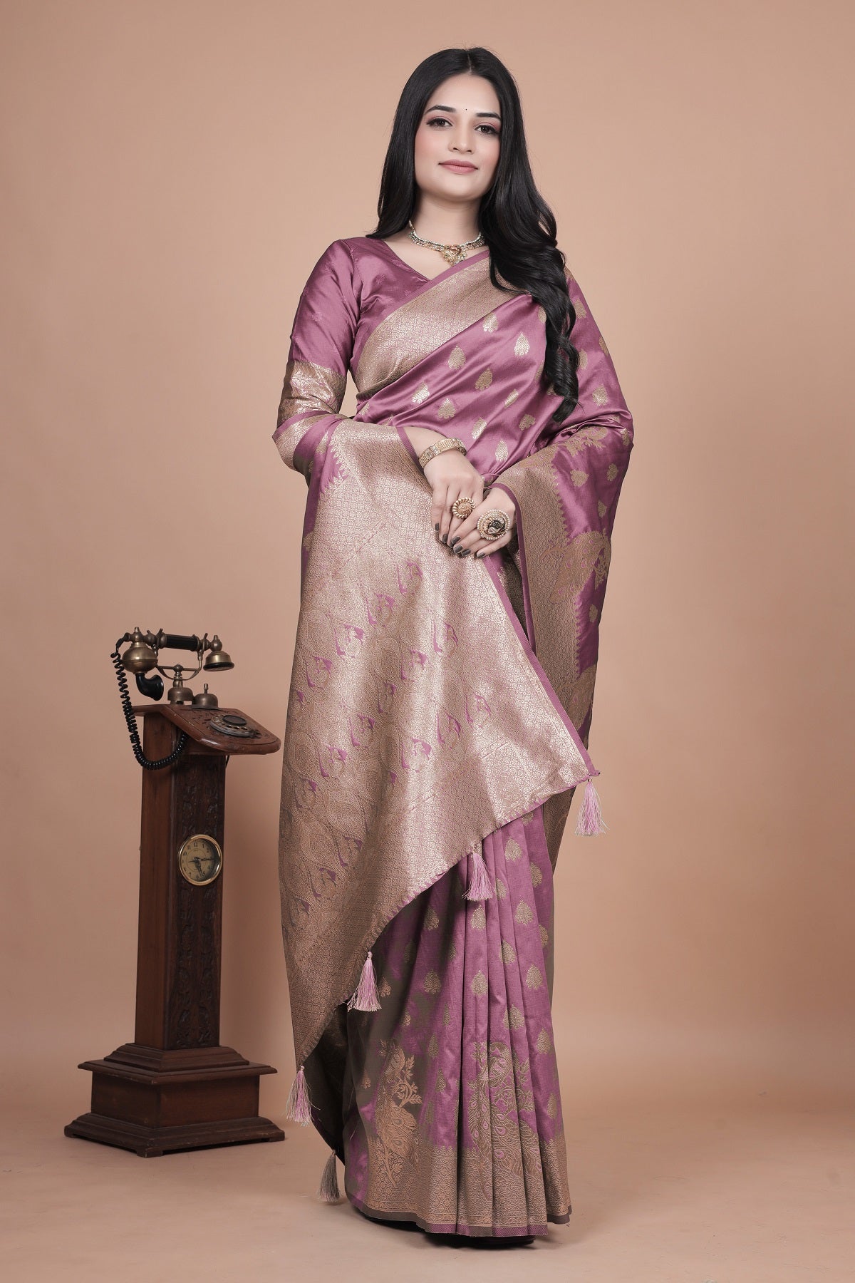 Classic Purple Banarasi Silk Saree with Gold Zari and Peacock Motif for Festive Wear