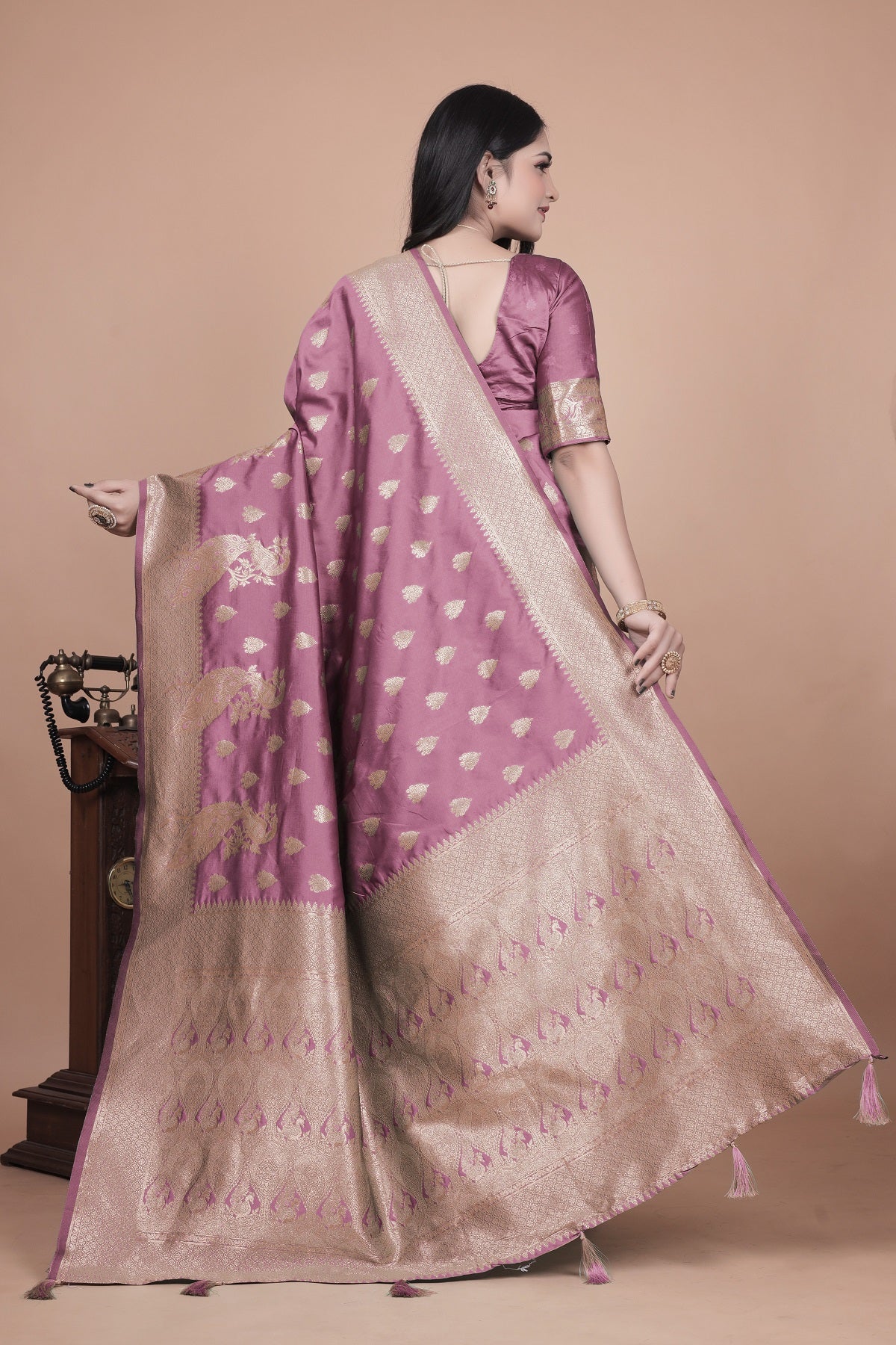 Classic Purple Banarasi Silk Saree with Gold Zari and Peacock Motif for Festive Wear
