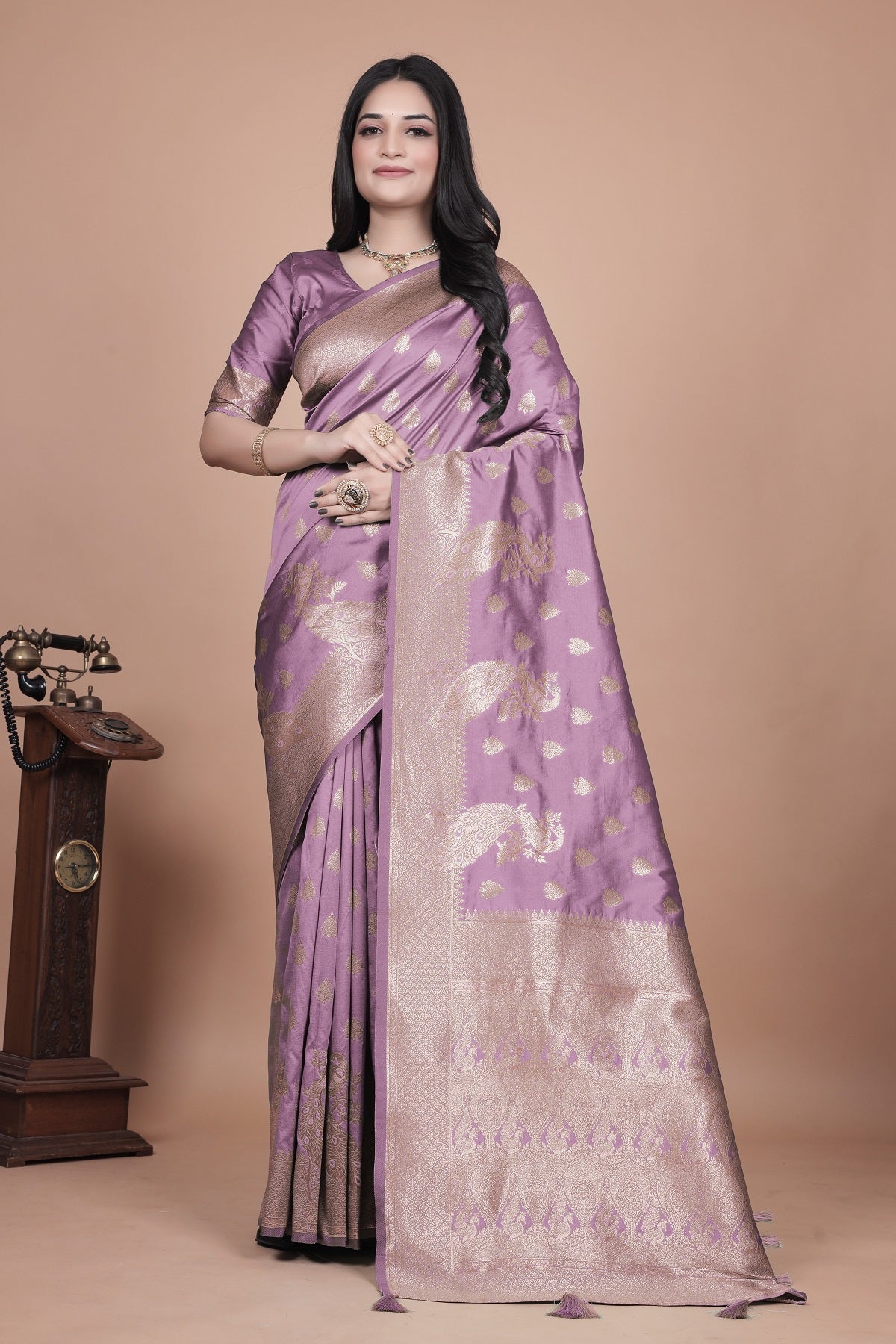 Lavender Banarasi Silk Saree with Golden Zari Detailing for Weddings & Festivals