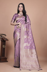 Lavender Banarasi Silk Saree with Golden Zari Detailing for Weddings & Festivals