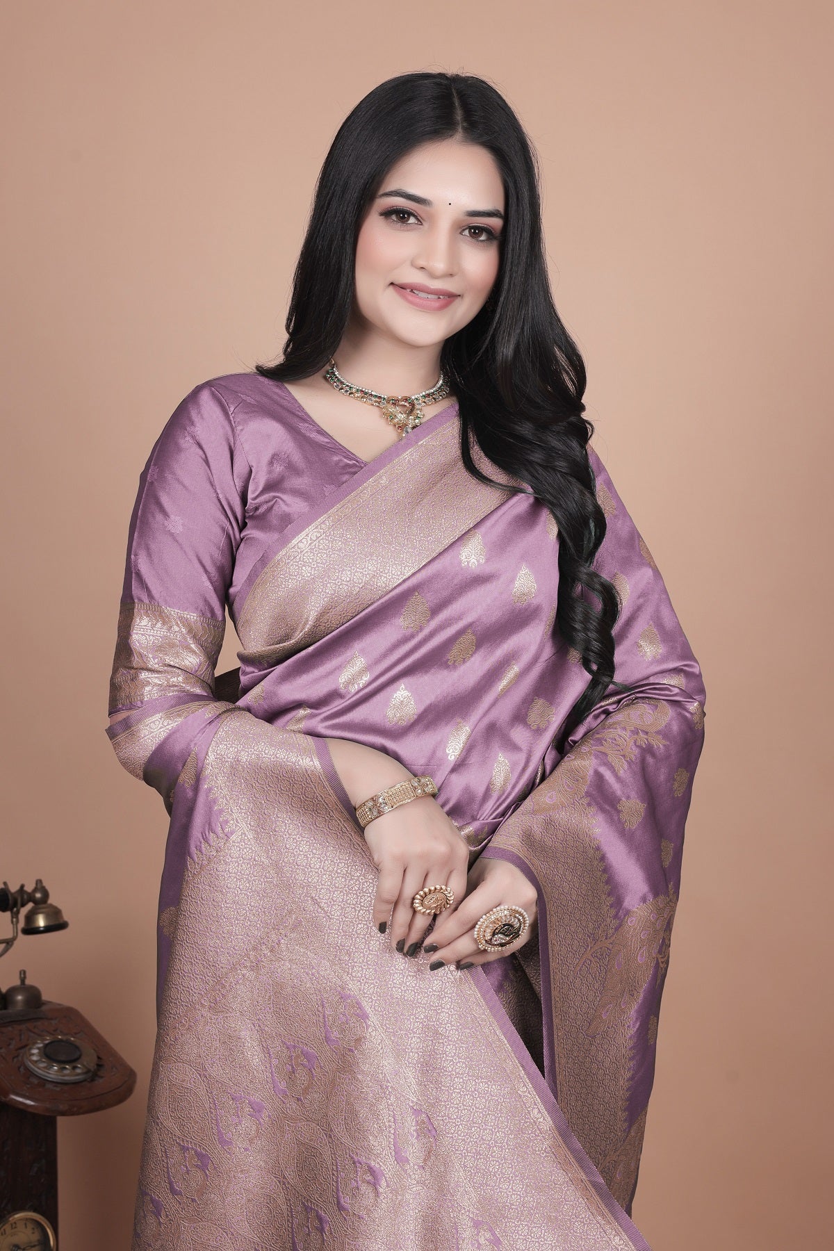 Lavender Banarasi Silk Saree with Golden Zari Detailing for Weddings & Festivals