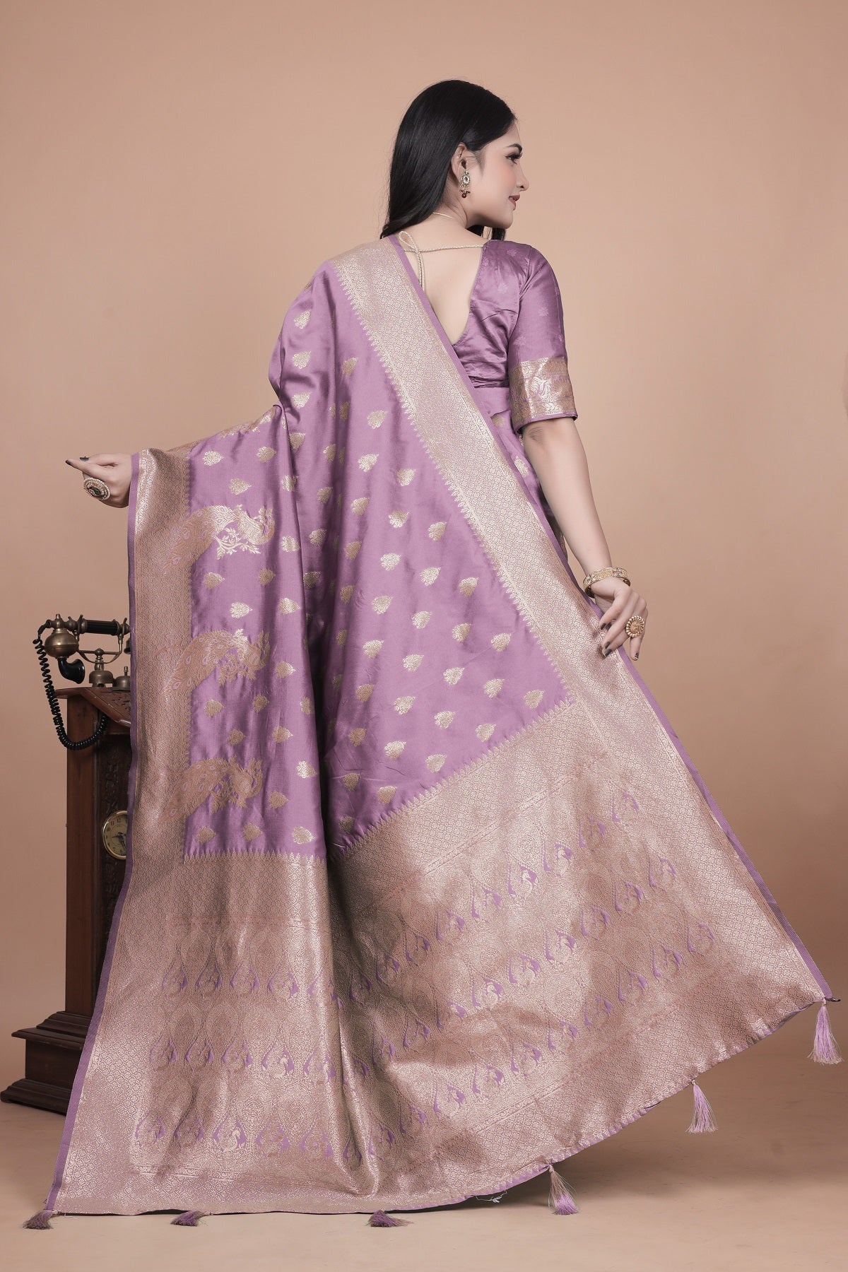 Lavender Banarasi Silk Saree with Golden Zari Detailing for Weddings & Festivals