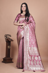 Elegant Pink Silk Saree with Silver Zari Work - Traditional Handwoven Indian Sari for Weddings, Festive Occasions & Parties
