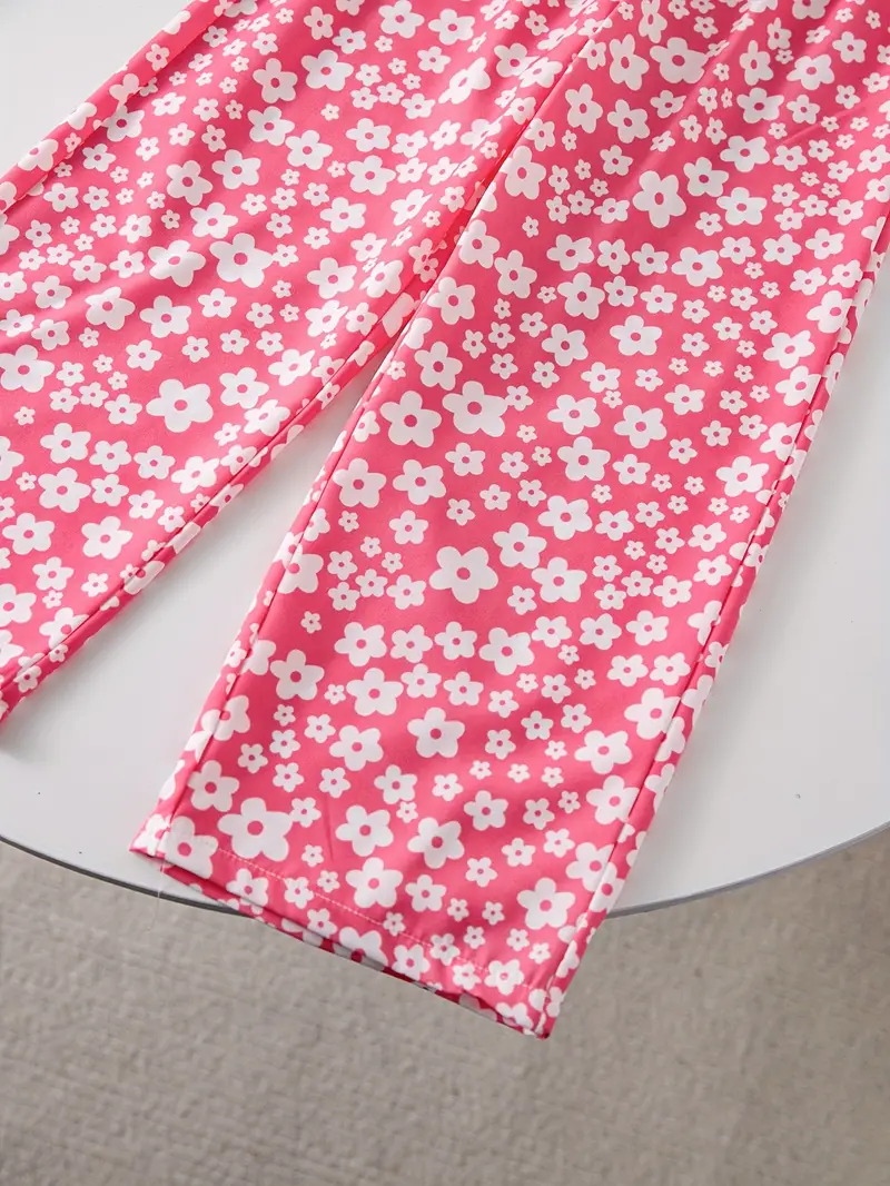 Girls White Ruffle Top with Pink Floral Print Pants Set