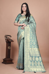 Elegant Green Silk Saree with Silver Zari Work - Handwoven Indian Sari for Weddings, Festivals & Special Occasions