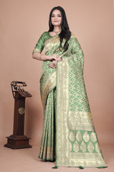 Elegant Green Silk Saree with Silver Zari Work - Handwoven Indian Sari for Weddings, Festivals & Special Occasions