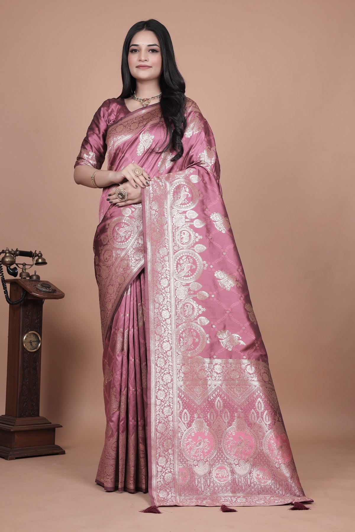 Regal Pink Banarasi Silk Saree with Detailed Zari Work and Peacock Design