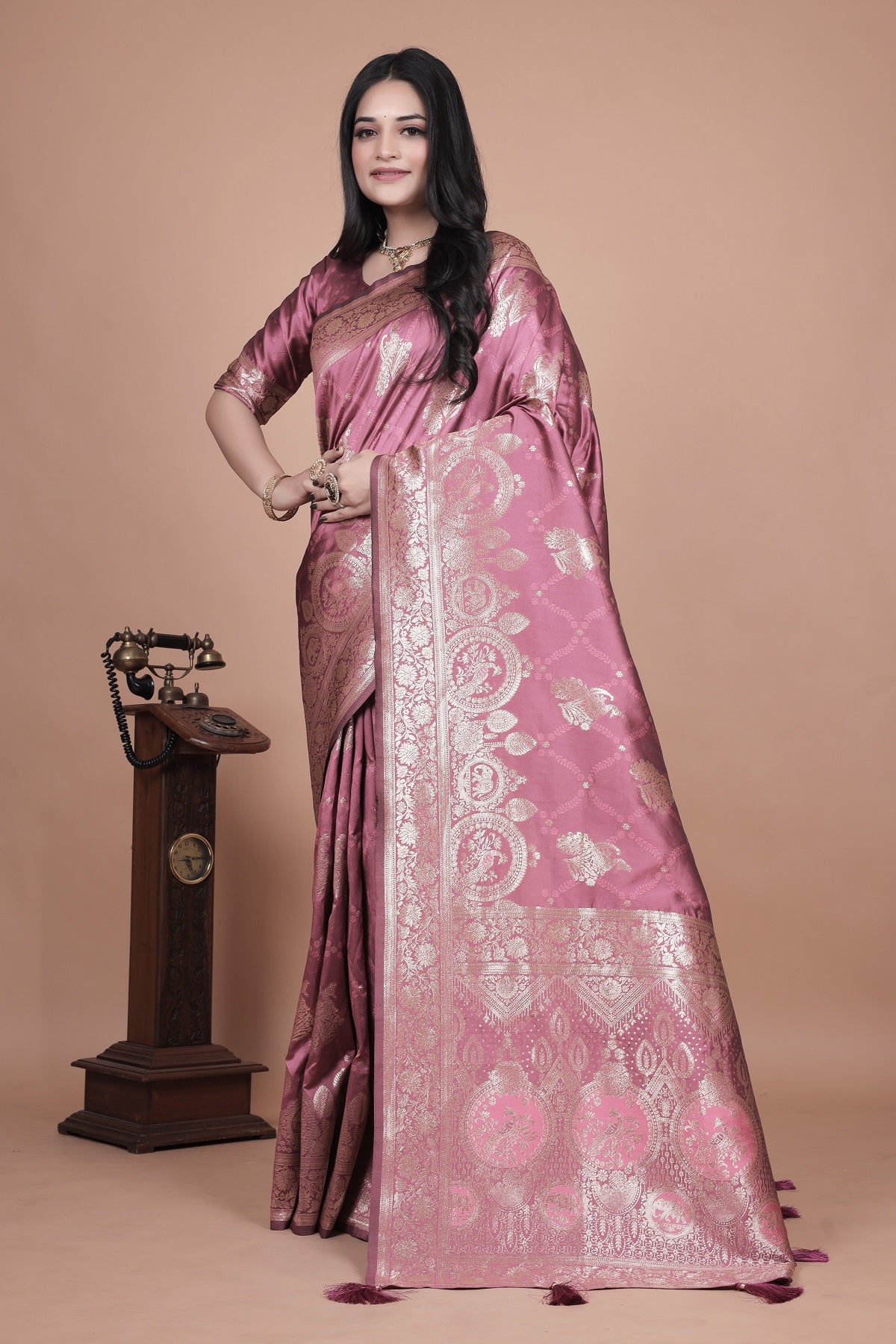 Regal Pink Banarasi Silk Saree with Detailed Zari Work and Peacock Design