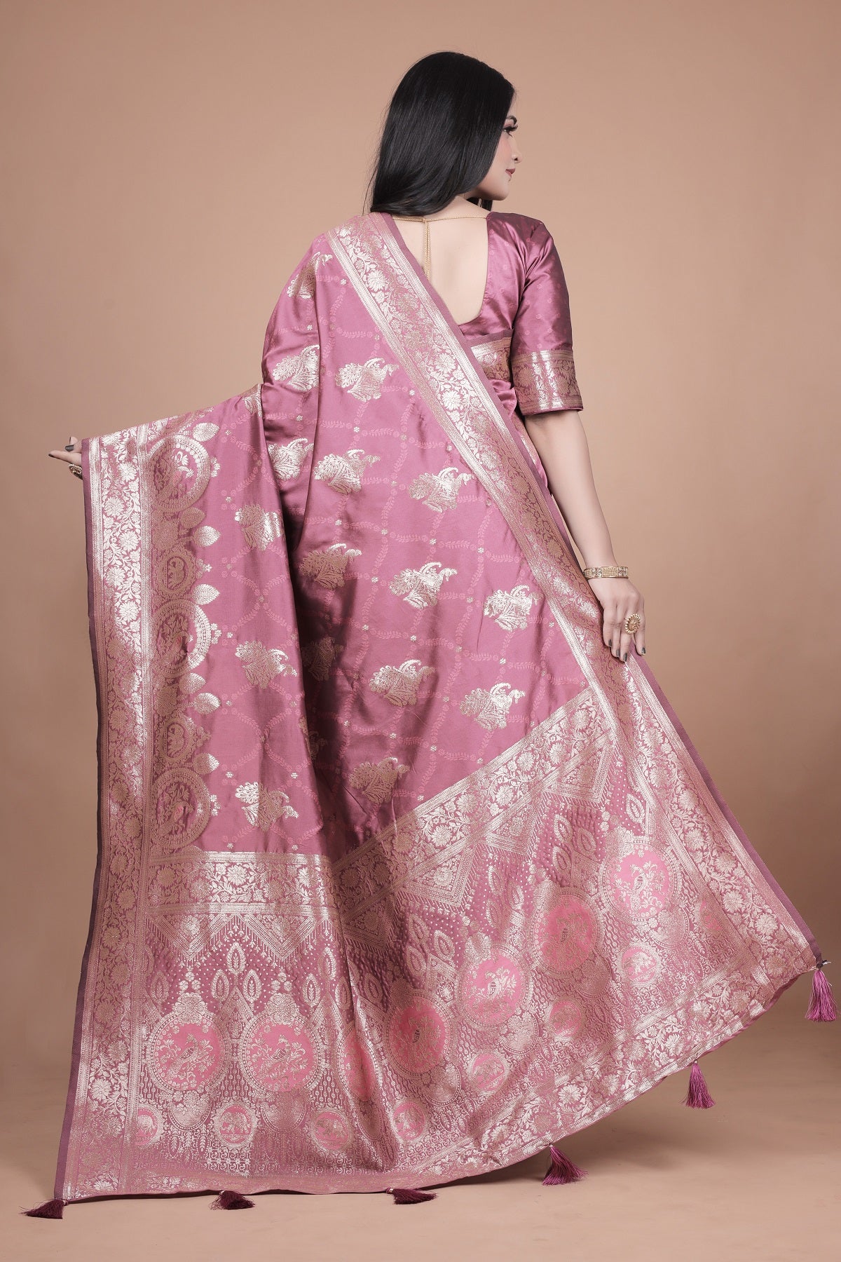 Regal Pink Banarasi Silk Saree with Detailed Zari Work and Peacock Design