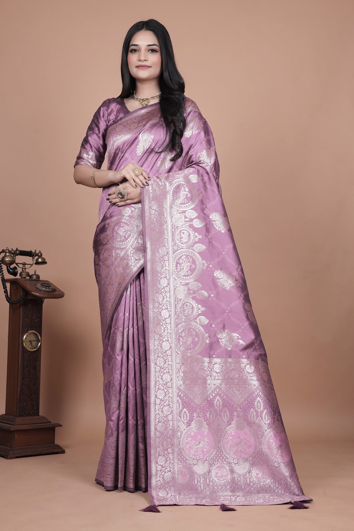 Traditional Purple Banarasi Silk Saree with Zari Work & Tassel Border