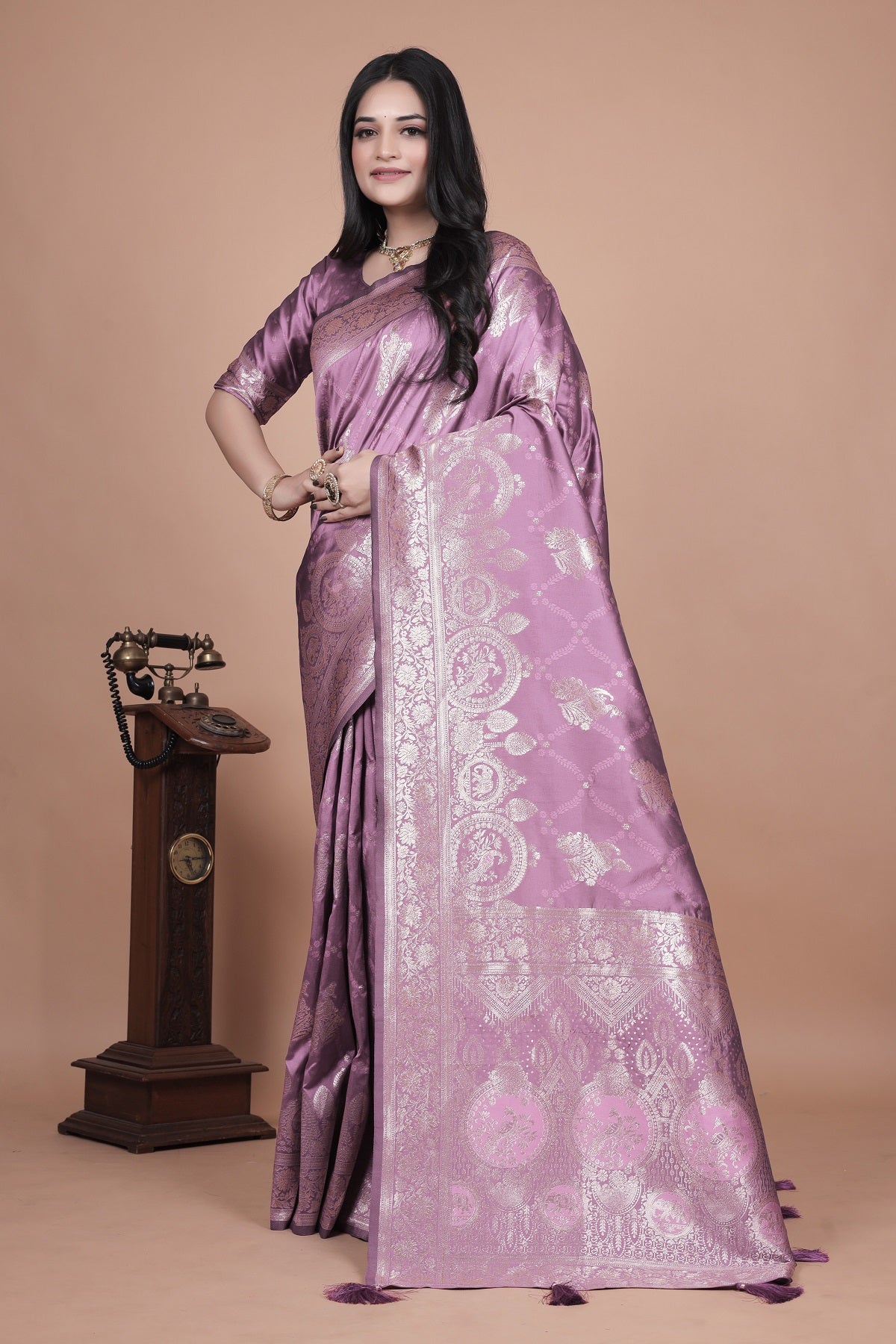 Traditional Purple Banarasi Silk Saree with Zari Work & Tassel Border