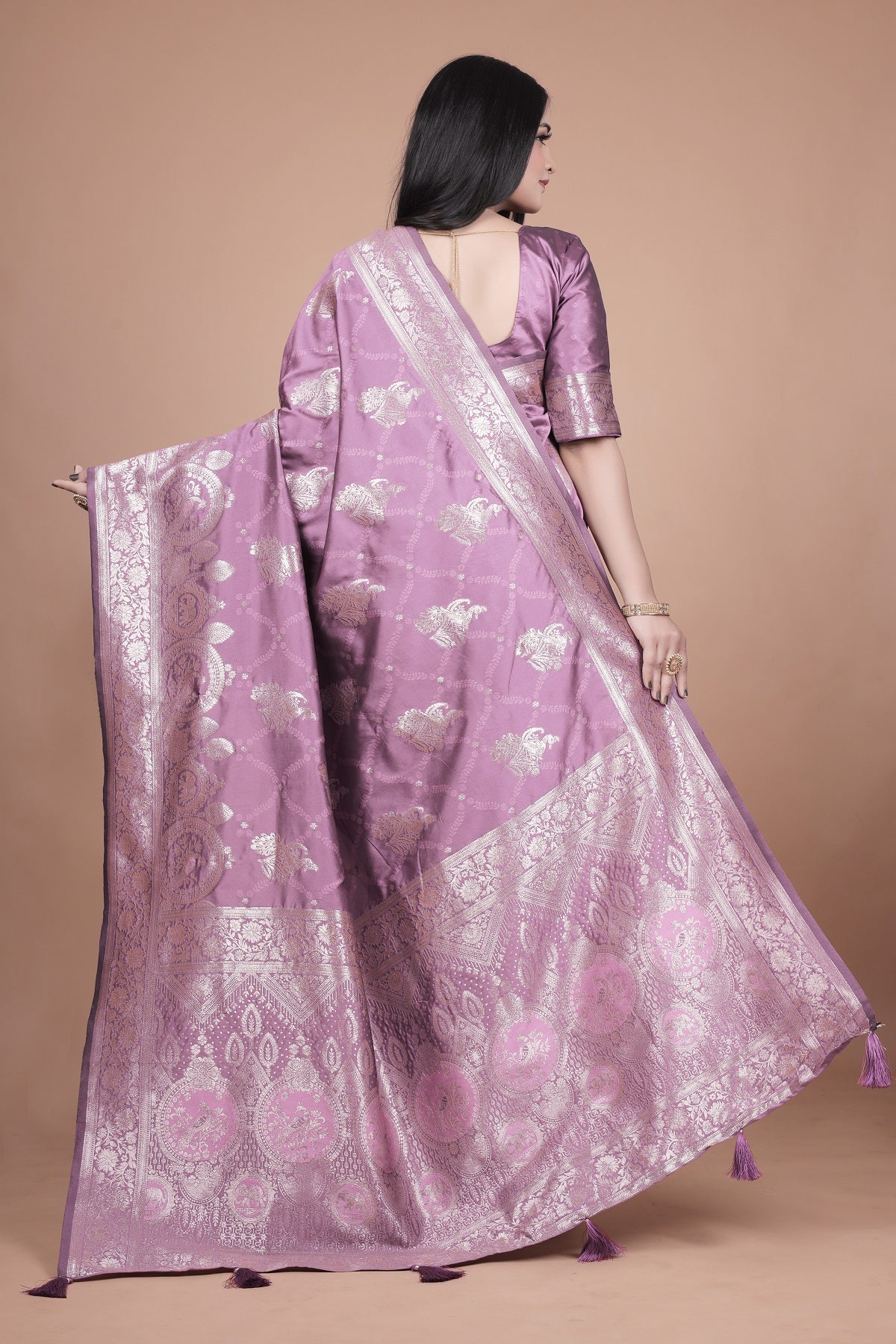 Traditional Purple Banarasi Silk Saree with Zari Work & Tassel Border