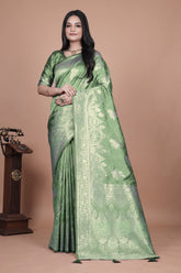 Classic Green Banarasi Silk Saree with Detailed Golden Zari Work for Festive Occasions