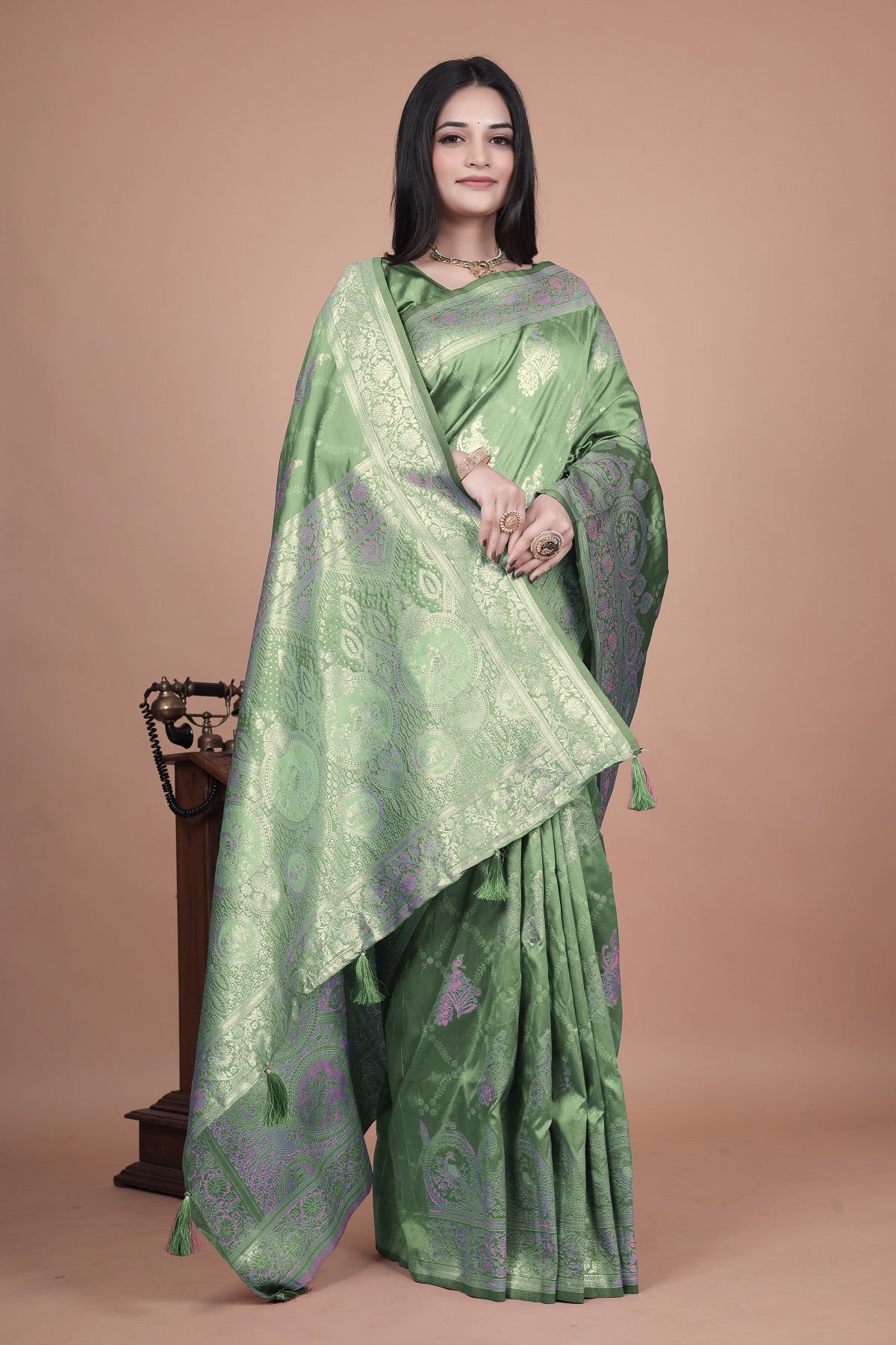 Classic Green Banarasi Silk Saree with Detailed Golden Zari Work for Festive Occasions