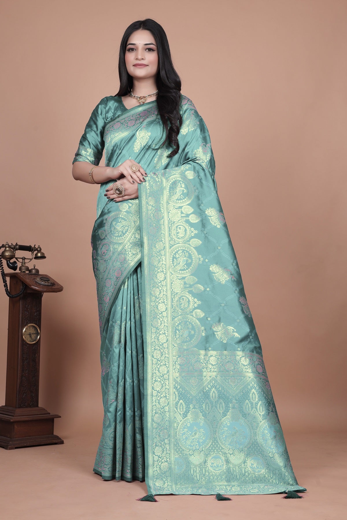 Teal Green Banarasi Silk Saree with Intricate Zari Motifs & Peacock Design