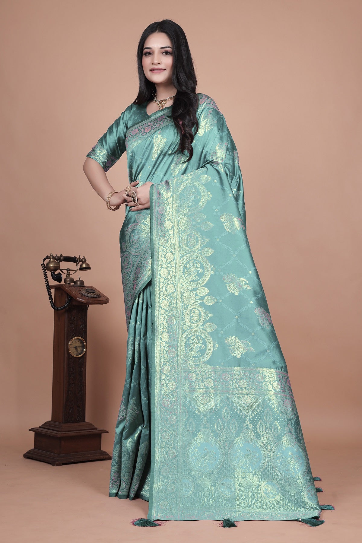 Teal Green Banarasi Silk Saree with Intricate Zari Motifs & Peacock Design