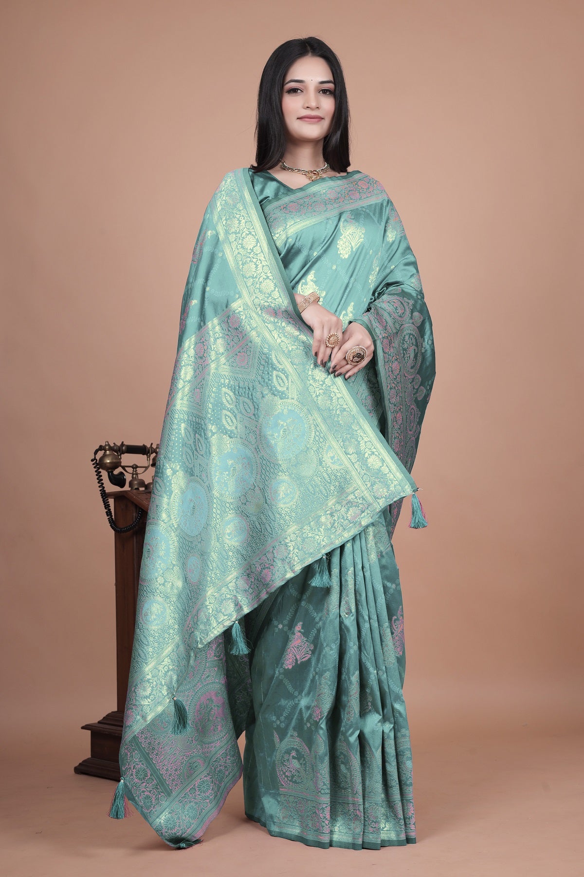 Teal Green Banarasi Silk Saree with Intricate Zari Motifs & Peacock Design